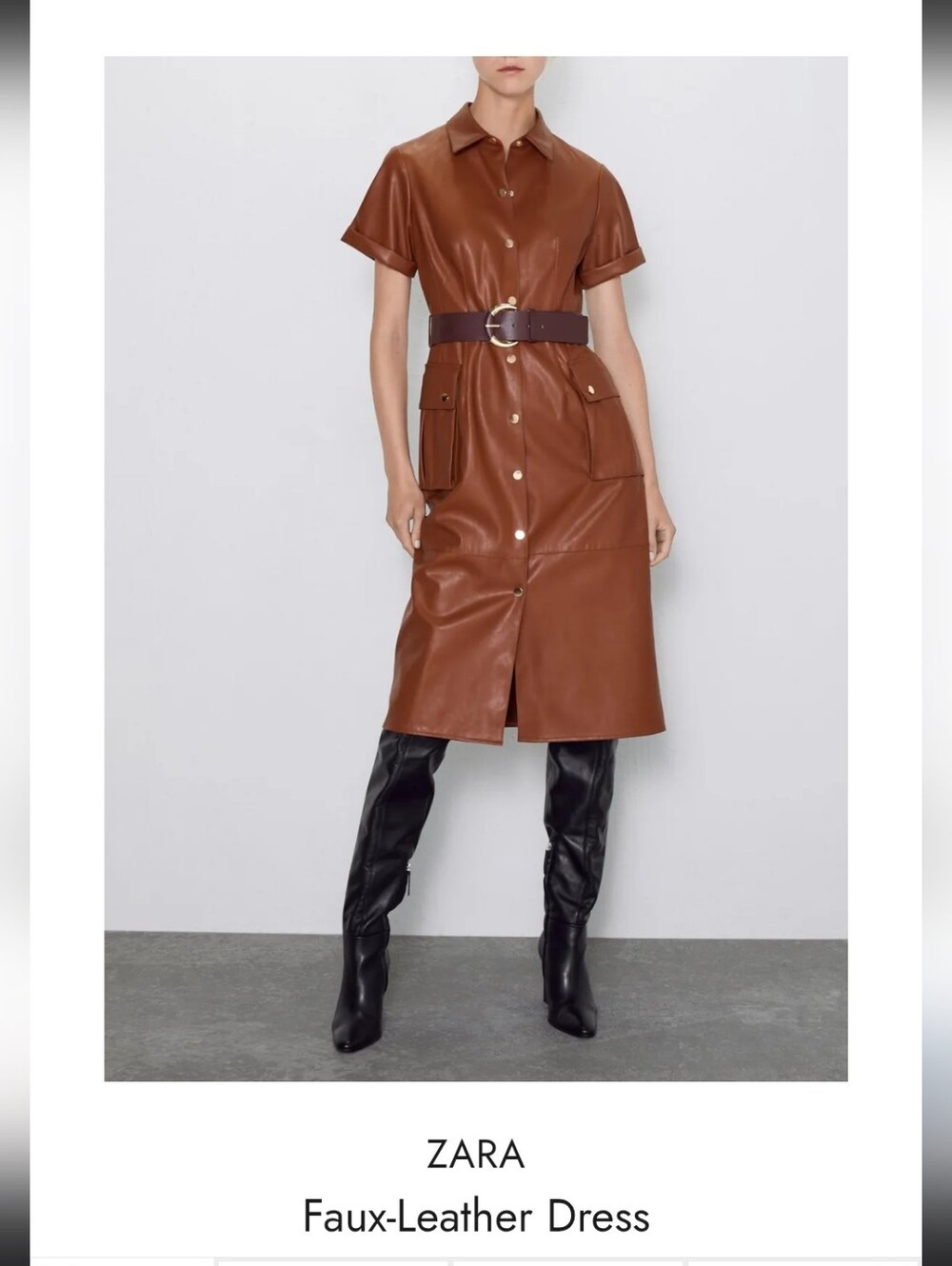 ZARA Caramel Brown Faux-Leather Shirt Dress